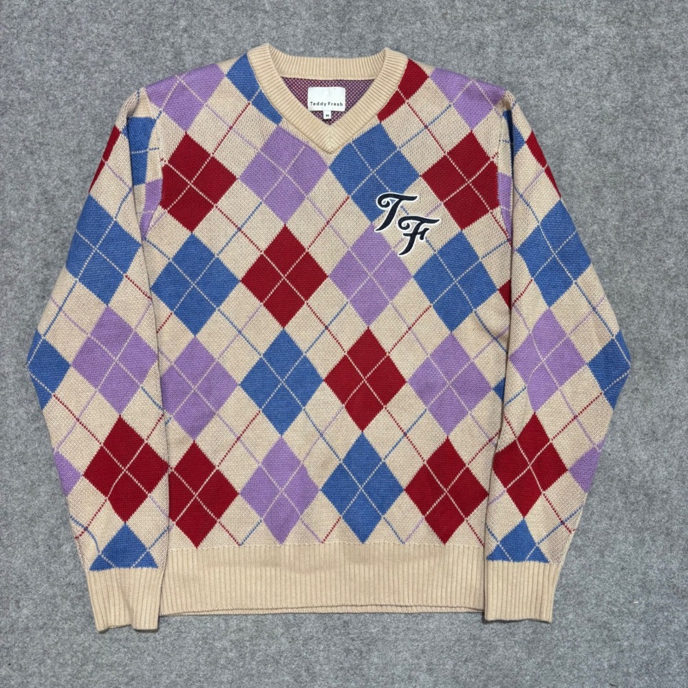 Teddy Fresh Argyle V-Neck Sweater Tan Red Blue Purple TF Logo Mens Size M